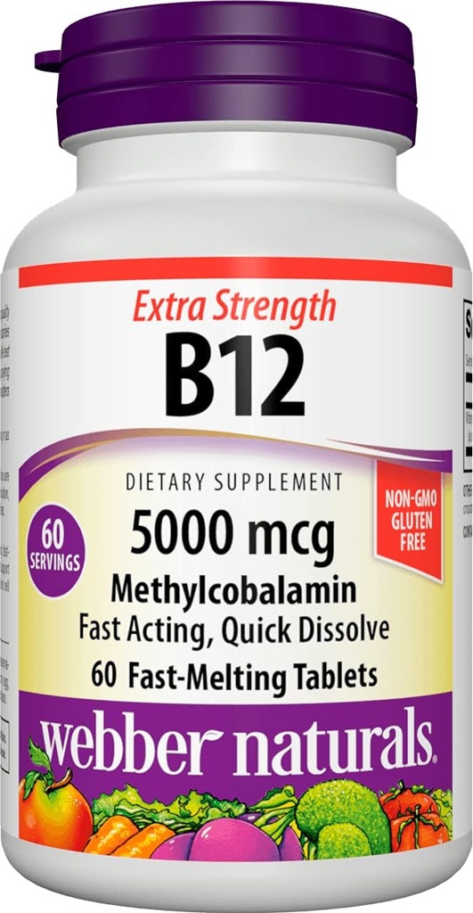 Webber Naturals Vitamin B12 5000 mcg, 60 Kont, Hızlı Dissolve Tabletler, Enerji Metabolism için Vitamin Tamam Desteği, Immune ve Heart Health, Vegetarian Formula, 60 Day Supply