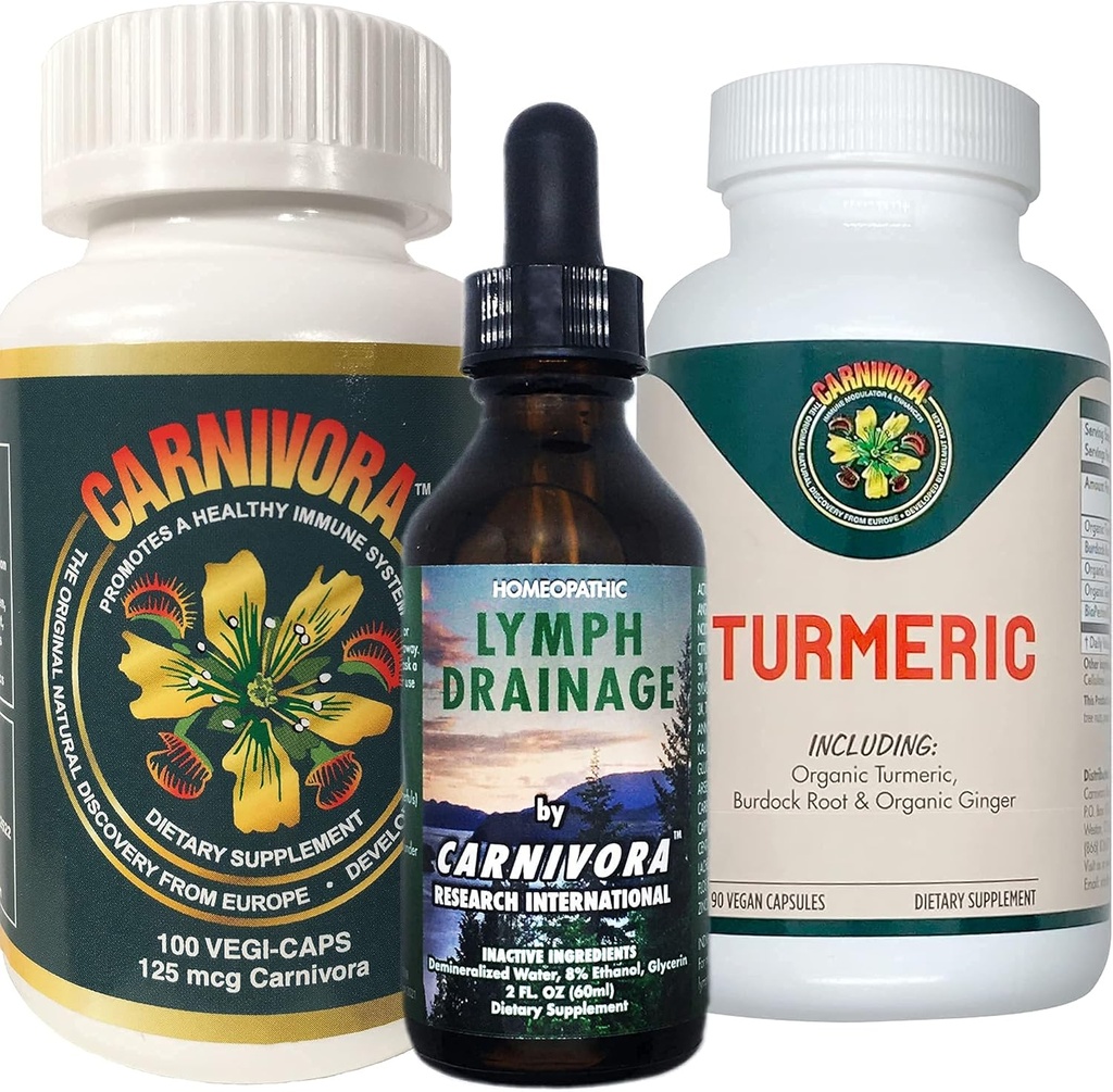 Carnivora Triple Play - Immune System Support, Lymph System Flush ve Commons ve Digestion (Bundle with 1 Şişe Every of Carnivora Vegi-Caps, Lymph Drainage ve Turmeric)