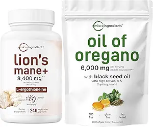 Oregano Softgels 300 Kont & Lions Mane Supplement 240 Veggie Capsules Sche 2 Pack | Carvacrol & Thymoquinone | Superfood Mushroom Antioksis with L-Ergothioneine