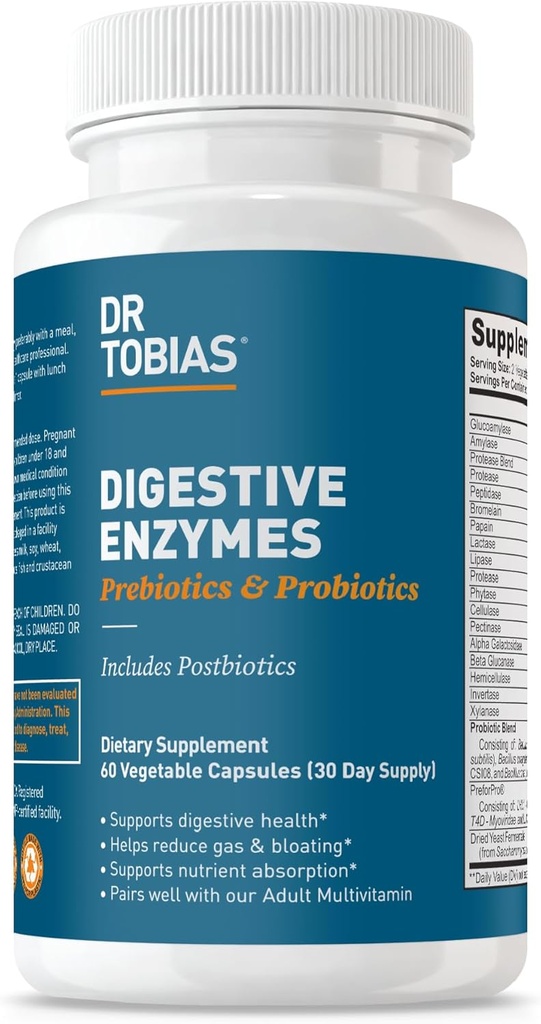 Dr. Tobias Digestive Ένζυμα με Προβιοτικά, Πρεβιοτικά και Μεταβιοτικά Bromelain, Amylase, Lipase, για Καλύτερη Διέγερση & Ανοσολογική Λειτουργία, 60 Κάψουλες, 30 Υπηρεσίες (2 Καθημερινή)