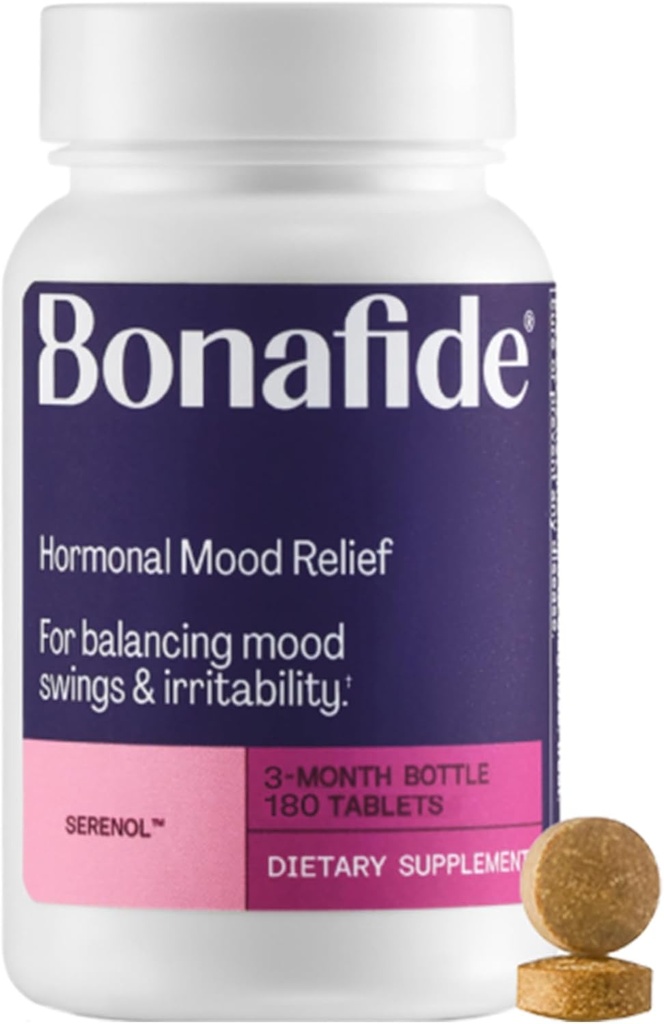 Serenol by Bonafide. Hormonal Mood Swings, Irritability, & PMS Bloating. – 3-Month Supply (180 Tablet)