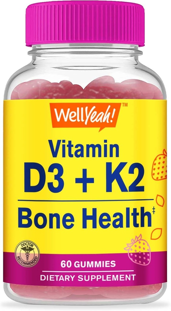 WellYe Vitamin D3 + K2 Gummies - Βιταμίνη D3 1000 IU, K2 100 MCG - Υποστήριξη για την υγεία των οστών και των μυών, Φυσικές Γεύσεις, Χωρίς Γλουτένη, Χωρίς Γλουτένη, Vegan - K2 D3 Συμπλήρωμα Βιταμίνης - 60 Gummies