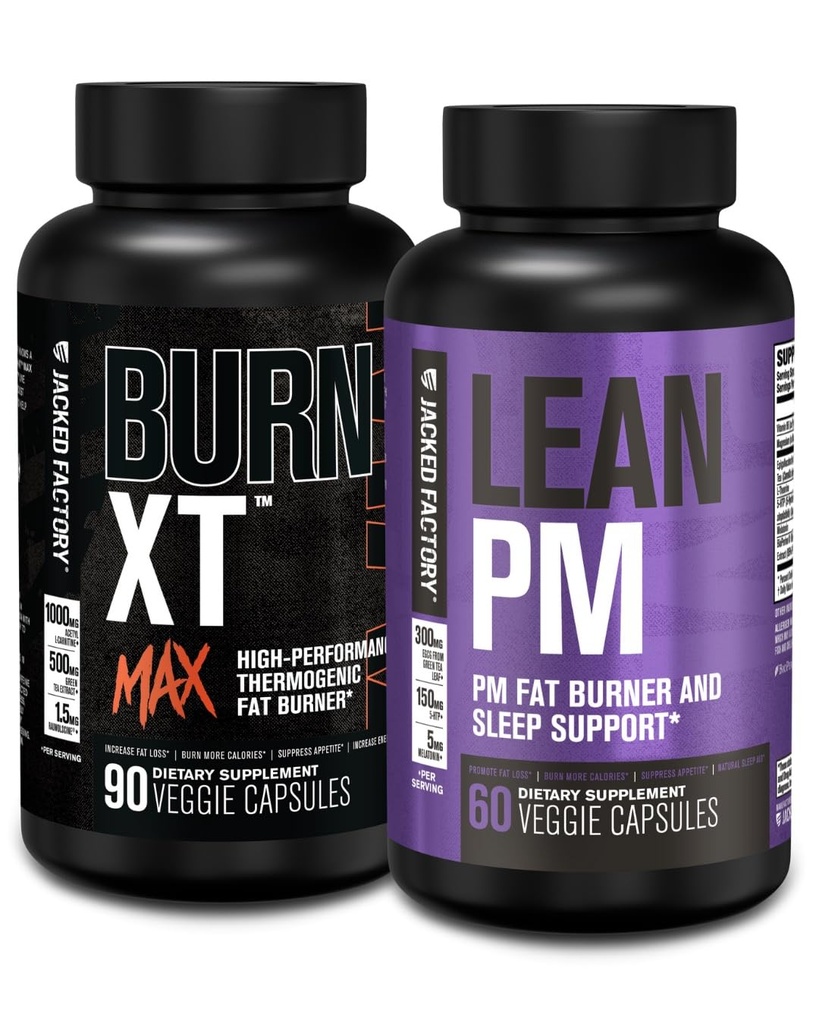 Jacked Factory 7/24 Fat Burner Stack - Burn XT MAX High Performance Fat Burner (90 Capsules) - Lean PM Nighttime Sleep Support for Kilo kaybı ve Appetite Suppression (60 Capsules)