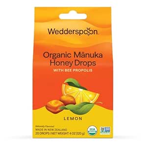 Wedderspoon Organik Manuka Honey Drops, Lemon & Bee Propolis, 20 Kont ( 1) | Gerçek Yeni Zelanda Honey | Mükemmel Remedy For Kuru Throats