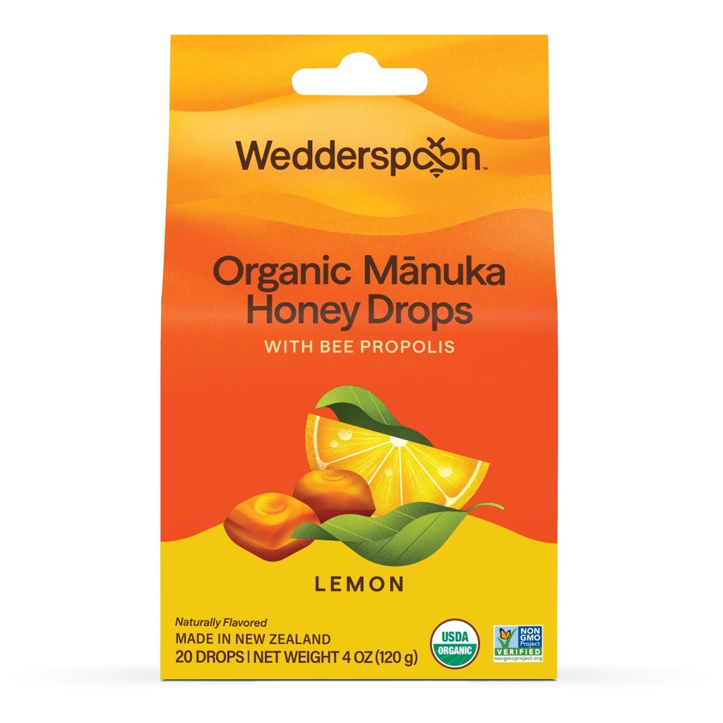 Wedderspoon Organik Manuka Honey Drops, Lemon & Bee Propolis, 20 Kont ( 1) | Gerçek Yeni Zelanda Honey | Mükemmel Remedy For Kuru Throats