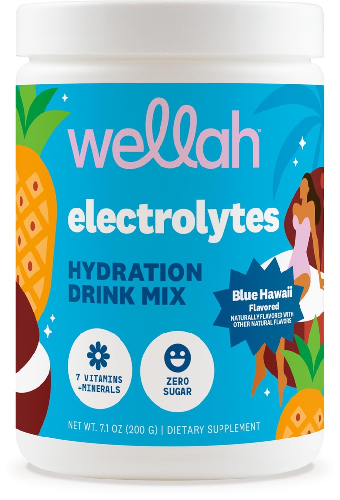 Wellah Electrolytes Powder (Blue Hawaii) 50 Servings - Hydration Drink Mix, 7 Vitamins & Minerals, Zero Sugar
