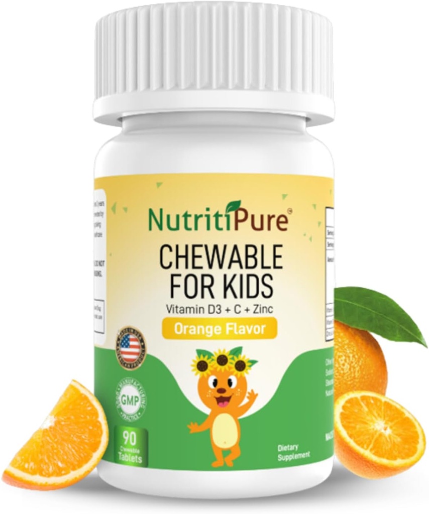 Chewable Vitamin D3 (Cloncalciferol) 25 mcg (1000 IU) + çinko (Zinc Citrate) 5 mg + C 30mg for Kids Orange Flavor 90/Bottle (1)