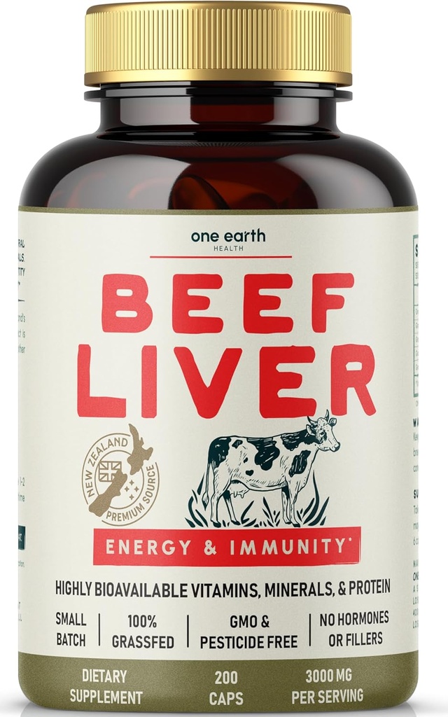 One Earth Health Beef Liver Capsules. 100% Grass Fed Yeni Zelanda sığır Liver. Pasture Yükseltd. GMO ve Filler Ücretsiz. 200 Capsules (3.000 mg hizmet)