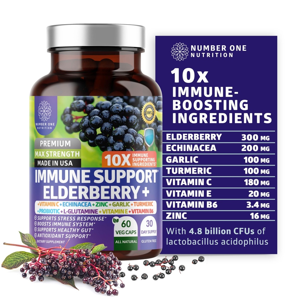10 in 1 Immune Support Supplement [10 Potent Ingredients] with Elderberry, Vitamin C, Zinc, Echinacea, Turmeric Curcumin, Garlic and Probiotics for Adults, 60 Veg Caps