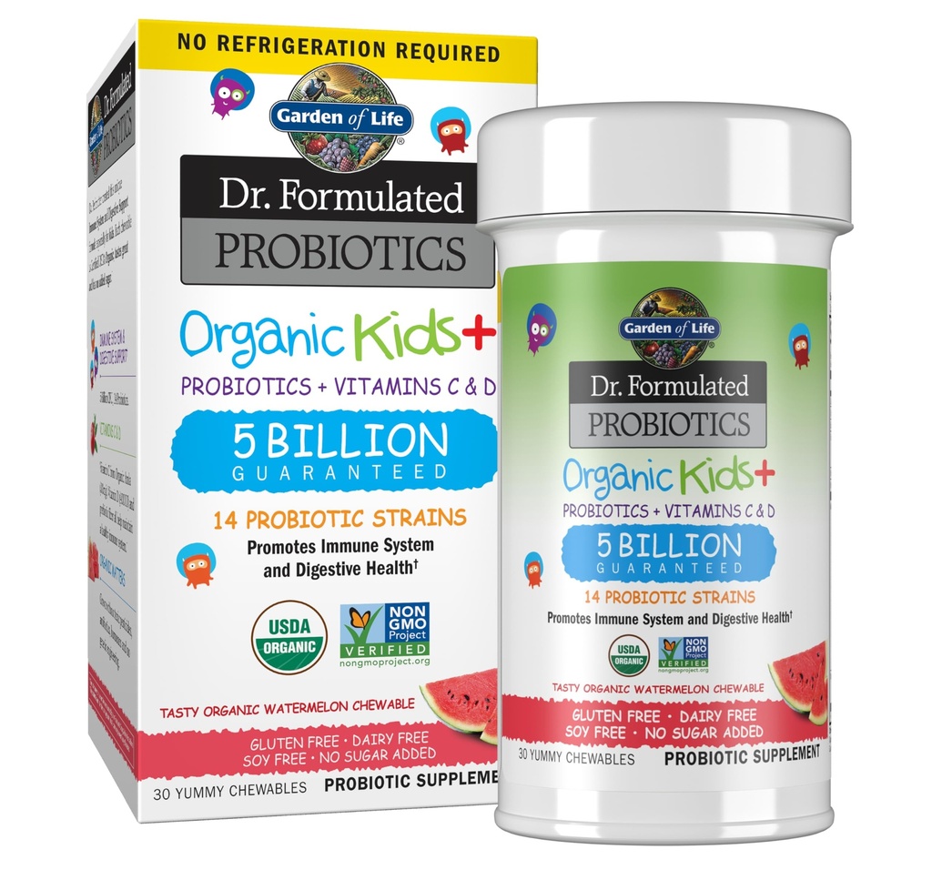 Life Dr. Formulated Probiyotiks Organic Kids+ artı C & D - Watermelon - Gluten, Süt & Soy Free Immune & Digestive Health Supplement, NoEDIT Sugar, 30 Chewables (Shelf Stable)