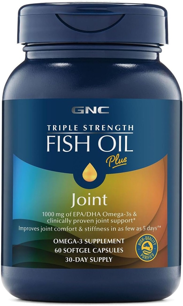 GNC Triple Strength Fish Oil Plus Joint Omega 3, 1000 mg EPA ve DHA, Kalp Sağlığı, Plus Hızlı 5 Gün Rahatlık, Beyin, Cilt ve Göz, Antioksis ve Botanik Türleri, Kontrol Balık Burps, 30 Hizmetler