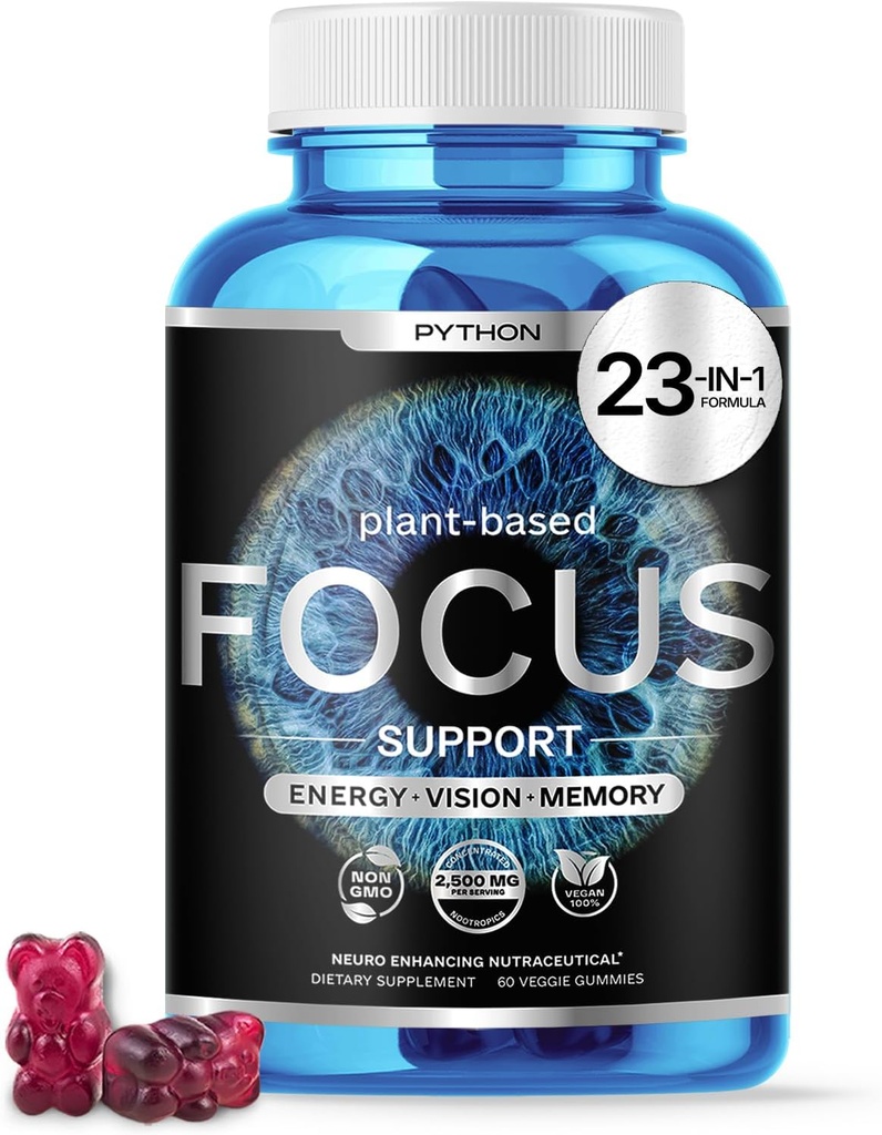 Python Focus - Nootropic Brain Supplement - Ενίσχυση μνήμης, συγκέντρωσης & γνωστικής λειτουργίας - 60 Vegan Chews with Lions Mane, Lutein & AREDS 2 Βιταμίνες