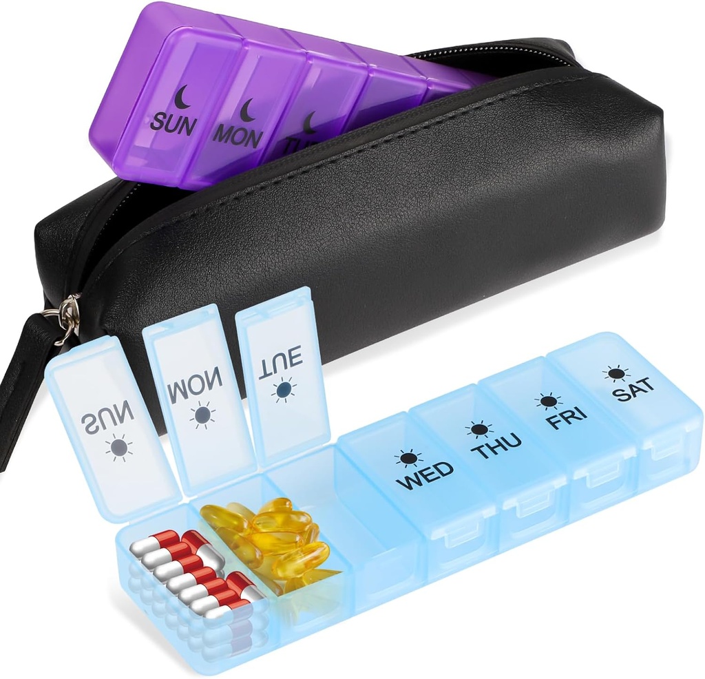 Detachable 7 Day Pill Box, 14 Karşılaştırmalı Tıp PP Storage Box, Roll-Free Travel Medicine Box with Water Bag, Two a Day Pill Case Box for Vitamin Supplements, and Fish Oil Oil Oil Box, 14