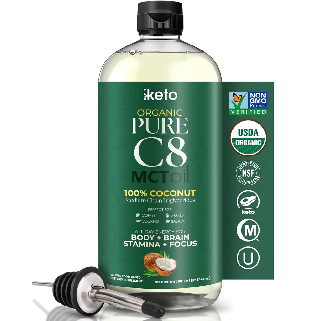 Keppi Organik MCT Petrol - Flavorless C8, Non-GMO, sertifikalı Organik, Gluten-Free, Palm Oil Free, Vegan, Kosher, Halal, 16 oz Coconut Oil