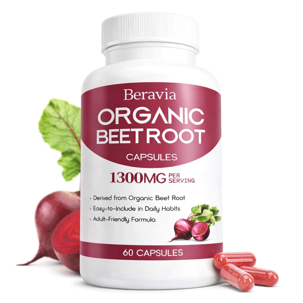 Organic Beet Root Capsules, 1300mg - 60 Capsules (30-Day Supply) | Vegan, Non-GMO, Gluten-Free Supplement for Energy & Daily Wellness Support (1)