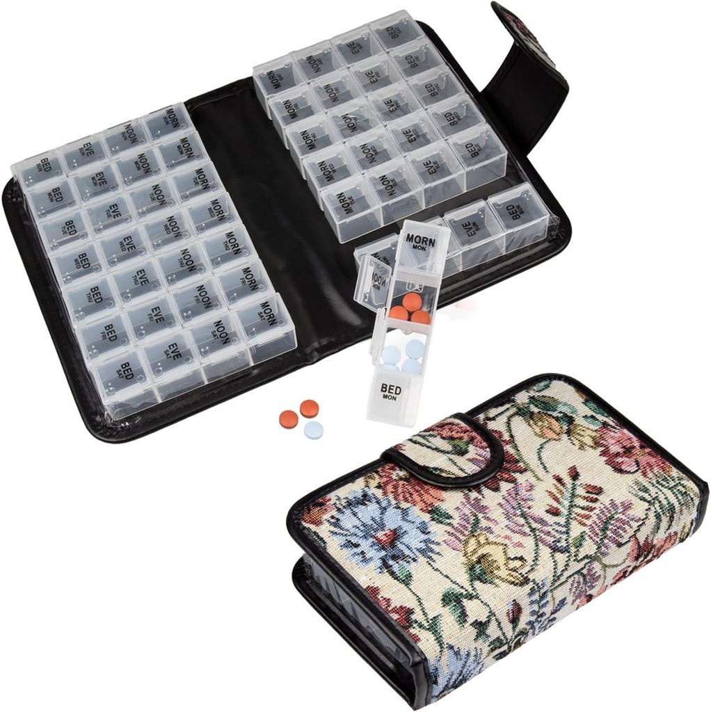 Floral Pill Case Box, 14 Day Pill Holder Pill Container & Medication Organizer, Travel Case - 4 Noted Compartments for Each Day of The Week - Morn, Noon, Eve, Bed