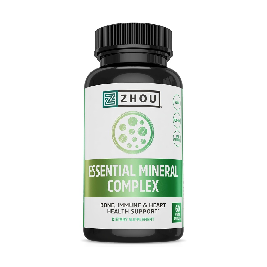 Zhou Essential Mineral Complex Full-Spectrum Minerals for Bone, Immune, Muscle, Heart & Antioxidant Support Vegan, Gluten Free, Non-GMO 30 Servings, 60 VegCaps