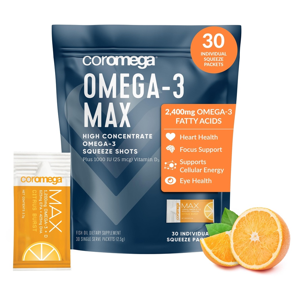 Coromega MAX 2400 mg Omega-3 Fish Oil + Vitamin D Squeeze Packets, Wild-Caught, No Fishy Taste - 3X Better Abxia Than Softgels, Supports Brain & Heart Health (30 hizmet, Citrus Burst)