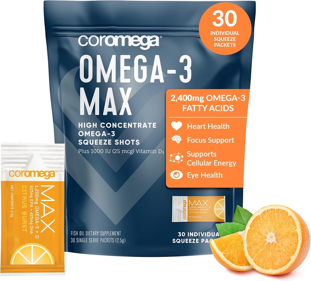 Coromega MAX 2400mg Ωμέγα-3 Fish Oil + Βιταμίνη D Squeeze Packets, Wild-Caught, No Fishy Taste - 3X Καλύτερη Απορρόφηση από Softgels, Υποστηρίζει την υγεία του εγκεφάλου και της καρδιάς (30 εξυπηρετούν, Citrus Burst)