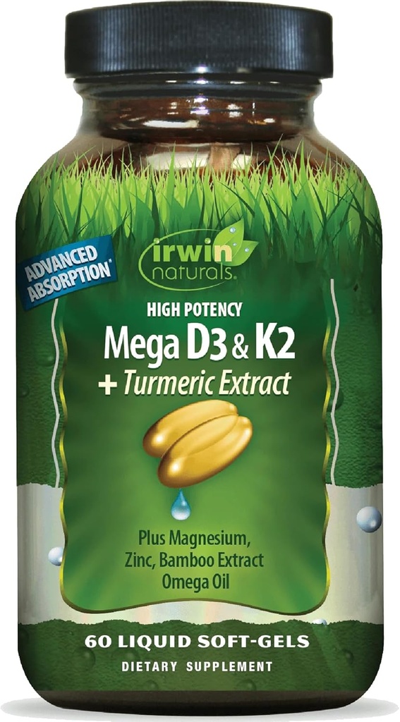 Irwin Naturals High Potency Mega D3 & K2 + Turmeric Extract for Healthy Bones, Immune Function & Positive Mood - Advanced Absorption with Magnesium, Turmeric, Bamboo & Omega Oil - 60 Liquid Softgels