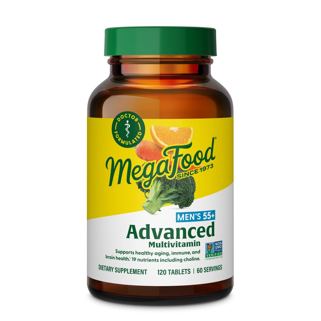 MegaFood Men's 55+ Advanced Multivitamin for Men - Doctor-Formulated -Χολίνη, Βιταμίνη D, Βιταμίνη B12 – Plus Real Food – Συμπλήρωμα Εγκεφαλικής Υγείας για Ενήλικες & Ανοσοποιητική Υποστήριξη - 120 Tabs (60 Services)