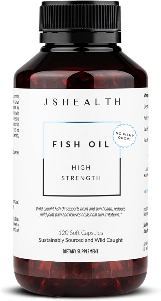 JSHealth High Strength Fish Oil Supplements - Omega 3 Fish Oil - Wild-Caught Fish - Omega 3 Supplement, 120 Capsules