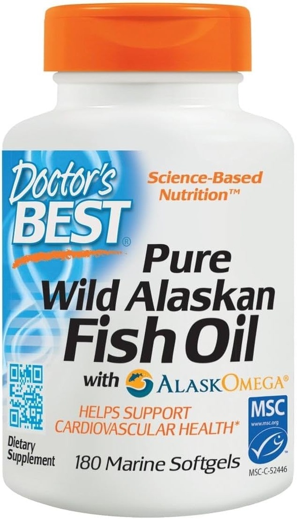 Doktor'un en iyi Pure Wild Alaskan Fish Oil with AlaskOmega, Heart, Brain, mental Wellness, Eyes, Non-GMO, Gluten Free, 180 Marine Softgels