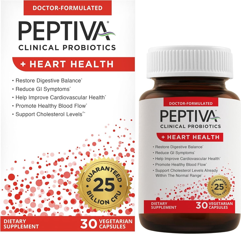 Peptiva Probiotics Heart Health - Συμπλήρωμα υποστήριξης για την υγεία της καρδιάς, 25 δισεκατομμύρια CFU, πολυ-προβιοτικά, Lactobacillus Acidophilus, Bifidobacterium, Digestive Υποστήριξη - 30 κάψουλες χορτοφάγων