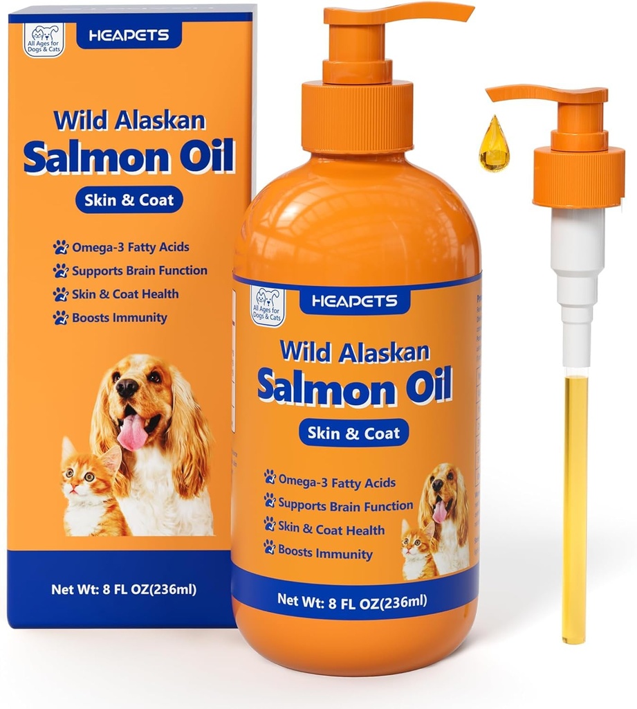 Wild Alaskan Salmon Oil for Dogs & Cats, Fish Oil Omega 3 Supplements with EPA & DHA for Skin & Coat, Immune, Brain, Joint and Heart Health, Dog & Cat Oil Supplements with Pump- 8 oz
