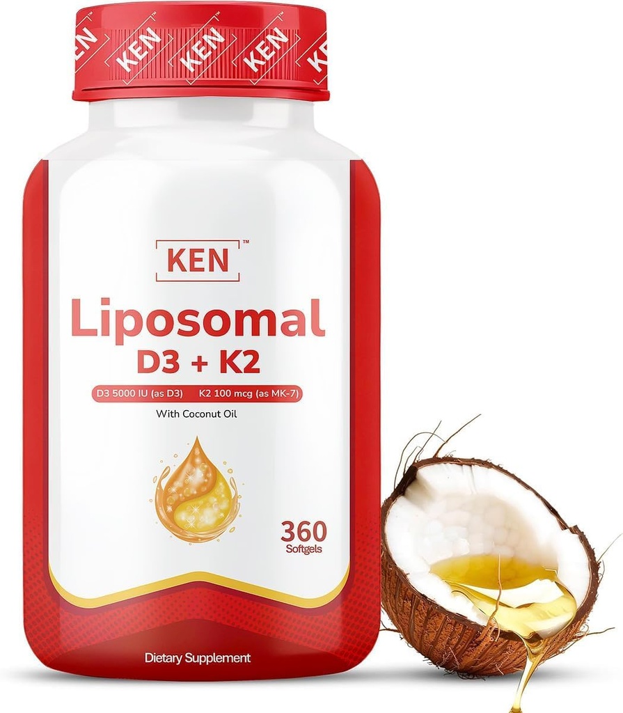 KEN Liposomal Vitamin D3 5000 IU + K2 (MK7) 100 mcg, Enhanced Calcium Absorption, Supports Immune Function, Coconut Oil, No Seed Oil, Non-GMO 360 Halal Bovine Softgels