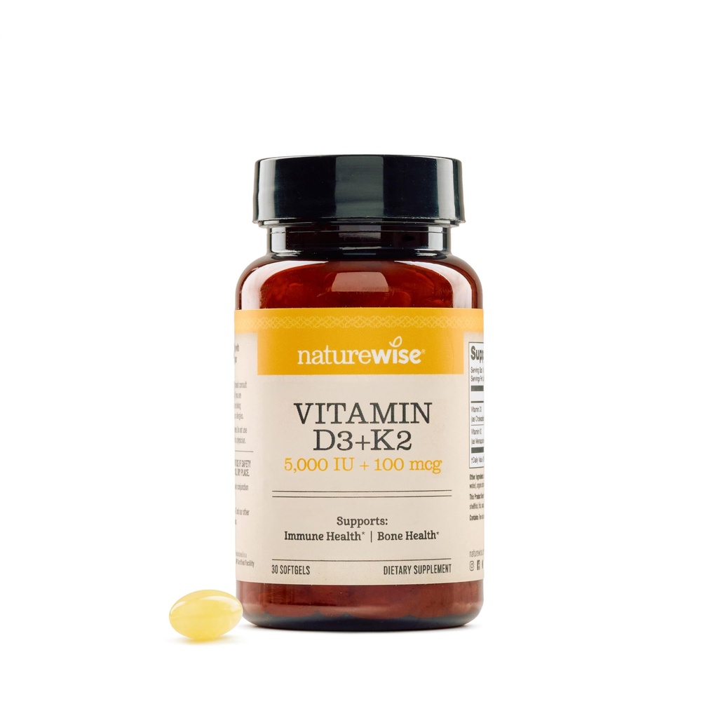 NatureWise Vitamin D3 5000IU + K2 (MK7) 100mcg with Organic Extra Virgin Coconut Oil - Supports Calcium Absorption, Bone & Immune Health - Non-GMO, Soy & Gluten-Free - 30 Softgels[30-Day Supply]