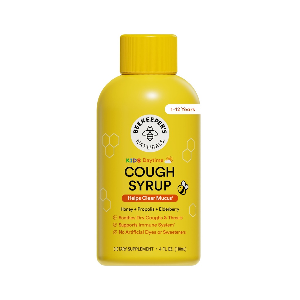 Beekeeper's Naturals Propolis Honey Cough Syrup Daytime for Kids Immune Support with Elderberry, C, Vitamin D & Raw Honey - Throat Soothing - Gluten Free & Clean Malzemeler, 4 oz.