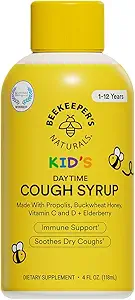 Beekeeper's Naturals Propolis Honey Cough Syrup Daytime for Kids Immune Support with Elderberry, Vitamin C, Vitamin D & Raw Honey - Laroat Soothing - Χωρίς γλουτένη & Καθαρά Συστατικά, 4 oz.
