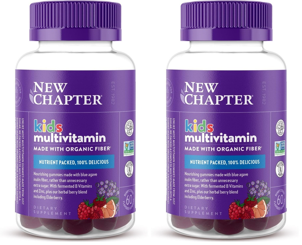 New Chapter Kids Multivitamin Gummies - 65% Less Sugar, Kids Gummy Vitamins with Vitamins C, D3 & Zinc, Non-GMO, Gluten Free, Berry-Citrus, 60ct,(Pack of 2)