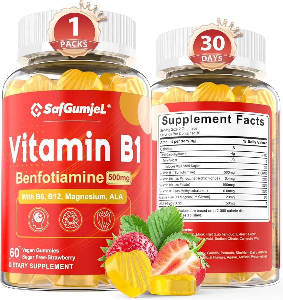 B1 Vitamin Gummies | Benfotimin 500 mg B6 B9 B12 & Magnezyum for Nerve Health, Energy & Metabolism Support | Sugar Free, Non GMO, Vegan, 60 Counts