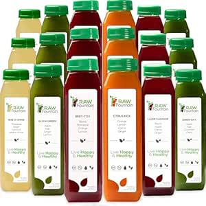 3 Day Juice Cleanse by Raw Fountain, All Natural Raw Detox Cleanse, Juicing for Body Rest, Cold Pressed Juice Fast, Great Way to Jumpstart a Healthy Diet, 18 Bottles 12oz, 3 Ginger Shots