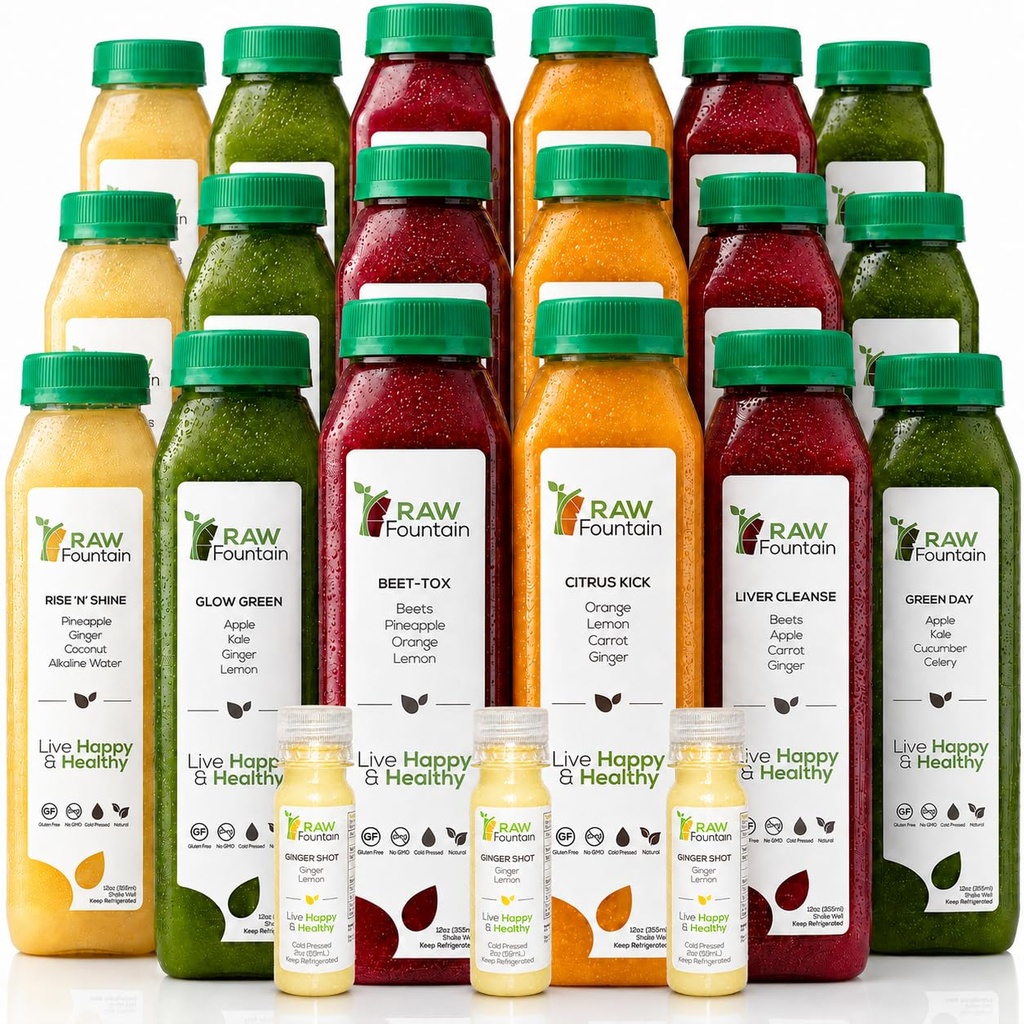 3 Day Juice, Raw Fountain, All Natural Raw Detox Cleanse, Body Rest için Juicing, Cold Pressed Juice Fast, Great Way to Jumpstart a Sağlıklı Diyet, 18 Şişes 12oz, 3 Ginger Shots