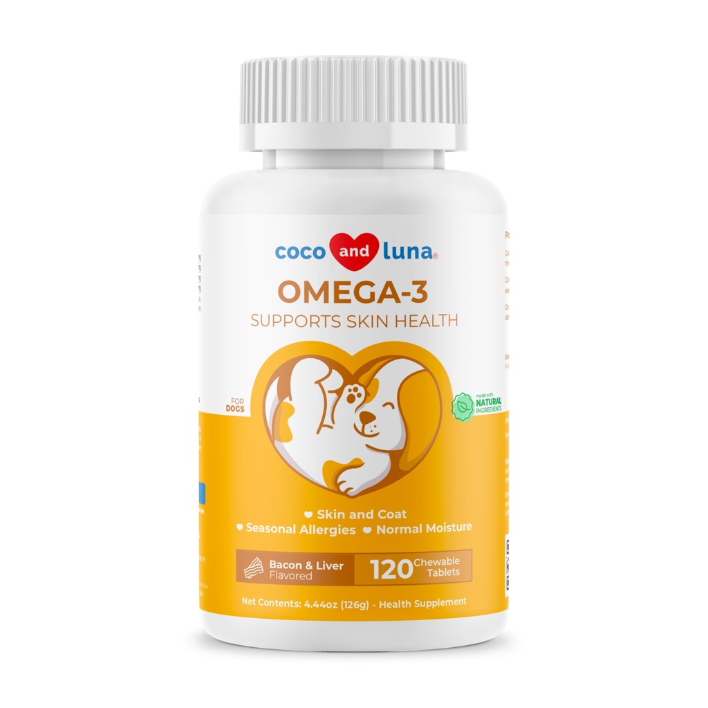 Omega 3 Köpekler için Balık Yağı - 120 Chewable Tabletler - Omega 3, 6 ve 9, Köpek Shedding için E, Itchy, Kuru Skin, Joint & Heart Support
