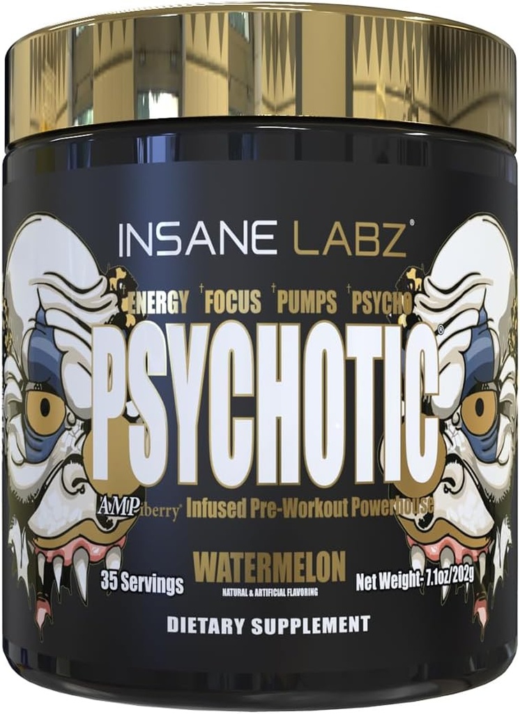 Insane Labz Psychotic Gold, High Simulant Pre Workout Powder, Extreme Lasting Energy Focus, Αντλίες και Αντοχή με Beta Alanine, DMAE Bitartrate, NO Booster (35 Services, Watermelon)