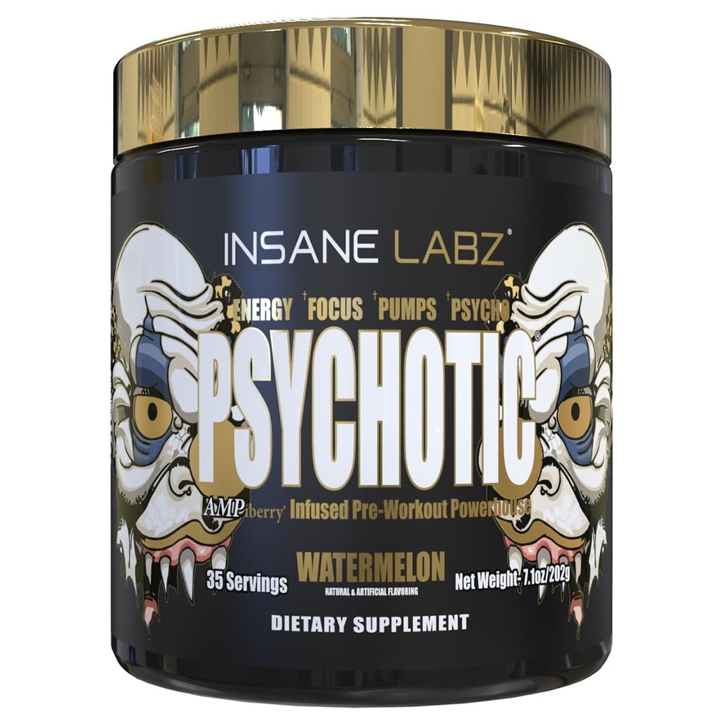Insane Labz Psychotic Gold, High Stimulant Pre Workout Toz, Extreme Lasting Energy Focus, Pumps and Endurance with Beta Alanine, DMAE Bitartrate, NO Branson (35 Hizmet, Sumelon)