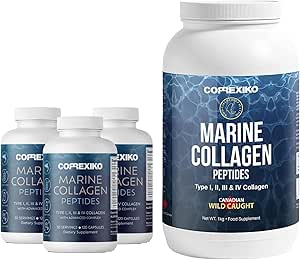 CORREXIKO Marine Collagen συμπλήρωμα χάπια & σκόνης 3 Μήνες προσφοράς - Περιλαμβάνει 10.000mg διπλής υδρολυμένης σκόνης κολλαγόνου 1kg & 1800mg κολλαγόνο Peptides 360 κάψουλες - για τα μαλλιά, το δέρμα και τα νύχια