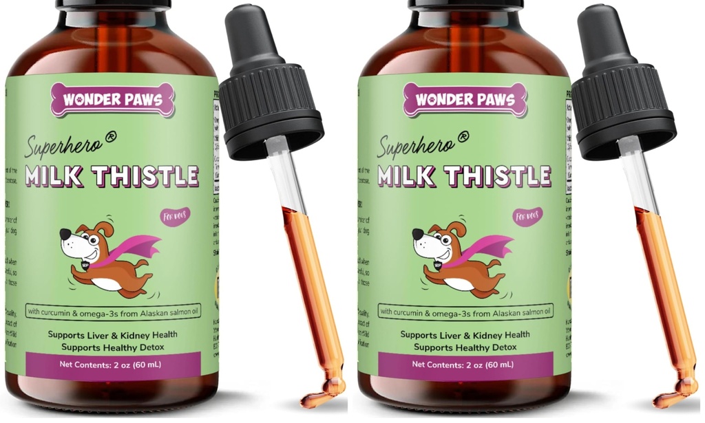 Wonder Paws Milk Thistle, Liver Support for Dogs, Supports Kidney Function for Pets, Detox, Hepatic Support, with Wild Alaskan Salmon Oil & Curcumin, Omega 3 EPA & DHA (2 Oz) (Pack of 2)