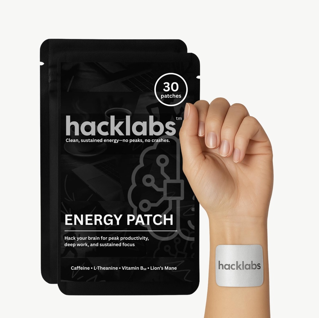 Brain & Energy Patches for Focus, Memory & Peak Performance | Natural Caffeine, B12, Lion’s Mane & L-Theanine | Skin-Friendly, Water-Resistant | 30 Count