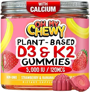 Center-Filled Vitamin D3 K2 Gummies - Çocuklar, Gençler ve Yetişkinler - Sağlıklı Dişler, Bone, Energy & Immunity - 5000 IU D3, 120 mcg K2 (MK-7), 120 mg - Vegan & Non-GMO - 60
