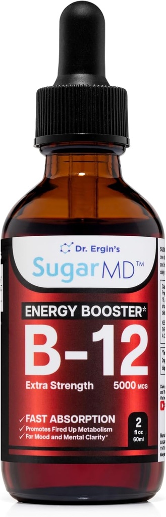 SugarMD Vitamin B12 5000 mcg Liquid Drops - 2 fl oz (60 ml) Enerji Kadınlar ve Erkekler için Geri Döndürme - Gluten Ücretsiz Sıvı B12 En Az Apsiyon ile Ayaklanma