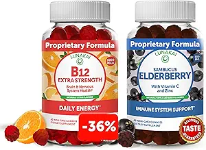 Lunakai Βιταμίνη B12 και Gummys Elderberry Bundle - 3000 mcg Gummy για ενήλικες Ενεργειακή Υποστήριξη και Υγεία των Οστών - συμπλήρωμα υποστήριξης ανοσοποιητικών με ψευδάργυρο και βιταμίνη C