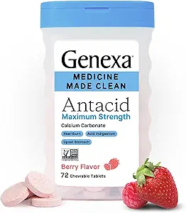 Genexa 3 Pack Clean Antacid Chewable Tablets | Maximum Strength Calcium Carbonate for Heartburn, Acid Indigestion & Upset Stomach Relief | Dye Free, 0% Artificial Additives | Berry Flavor, 216ct