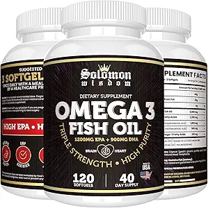 SOLOMON WISDOM Omega 3 Fish Oil - Sağlıklı Kalp ve Beyin için Diyetsel Tamam - Yüksek EPA 1200 mg & DHA 900 mg - Burpless, Odorless with Natural Lemon Flavor