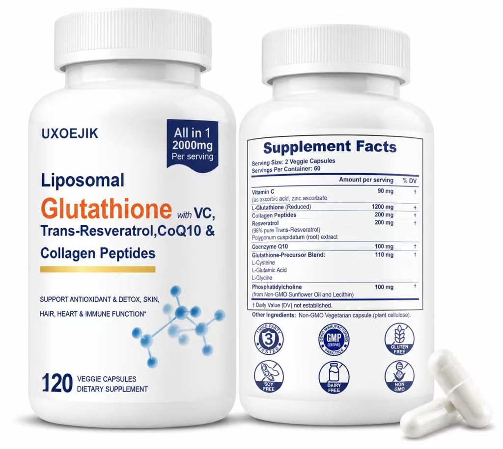Liposomal Glutathione Supplement - 2000MG Glutathione Liposomal with VIT C, Resveratrol, Antioxidant Reduced L-Glutathione for Liver Detox and Immune Energy Skin Support, 120 Capsules