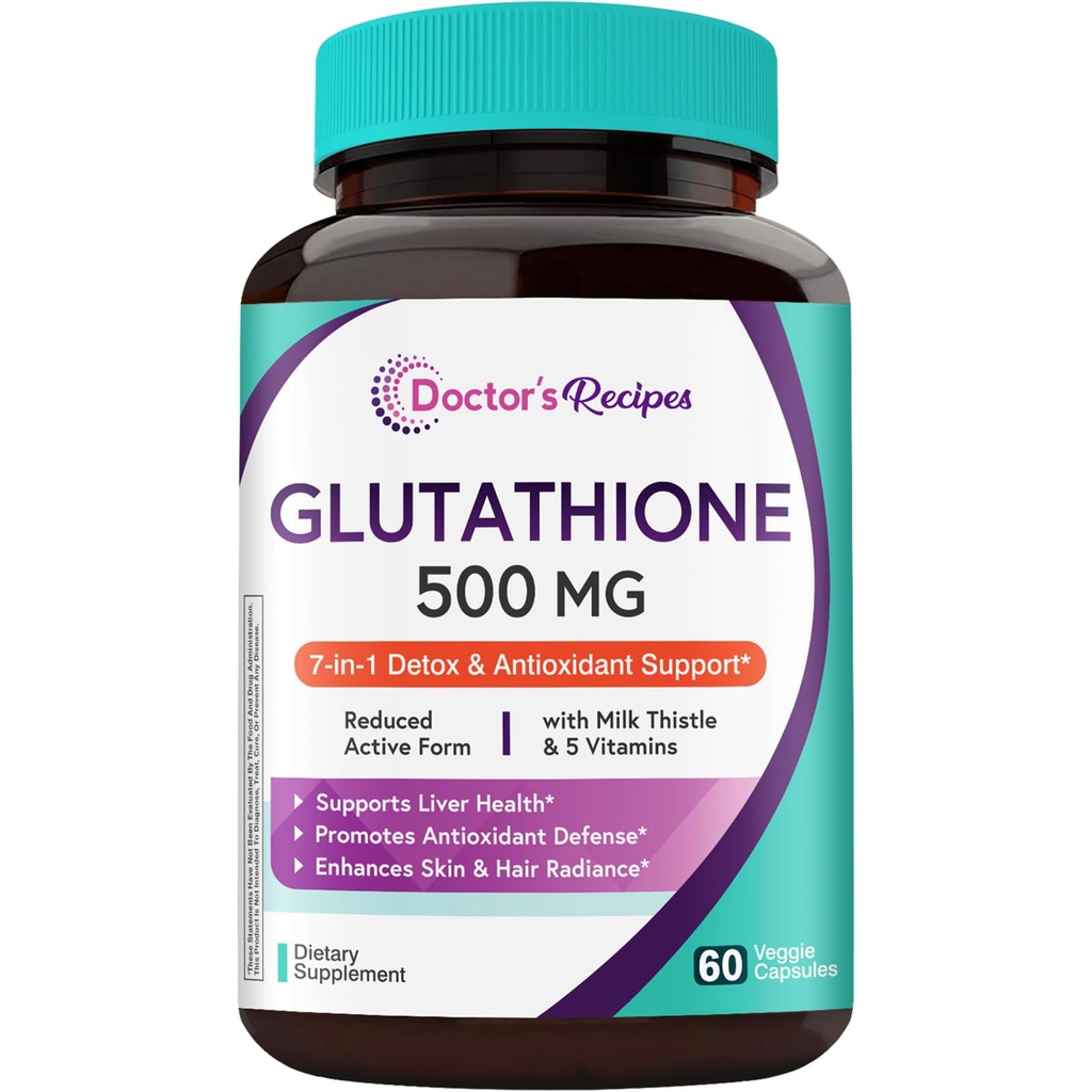 Doctor's Recipes Glutathione 500 mg, Active Reduced Form GSH, with Milk Thistle Extract, Vitamin C, B6, Liver & Immune Support Glutathione Supplement, 60 Vegan Capsules, Non GMO